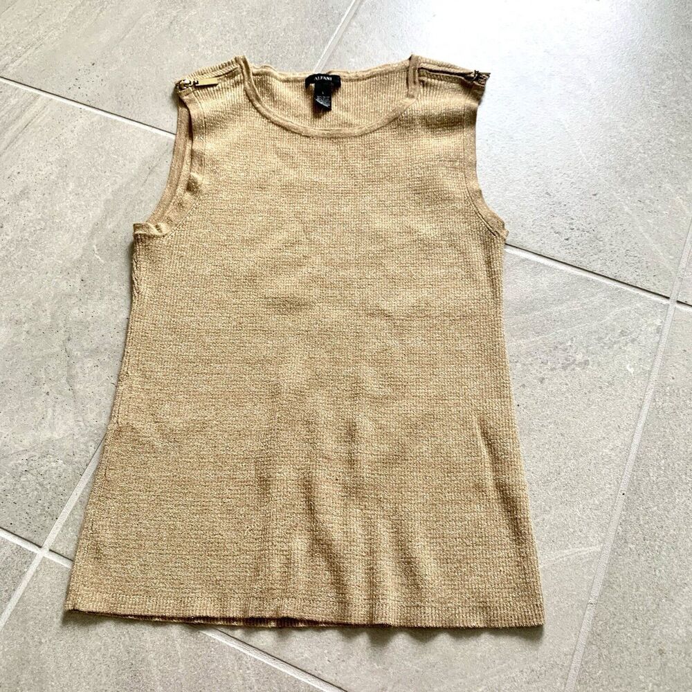 Alfani Large  Knit Top Solid Gold Metallic Shoulder Zippers Stretch Mint